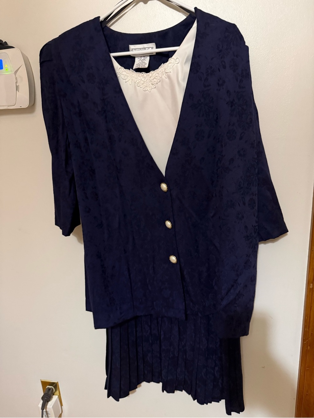 Vintage-Inspired Navy Floral Jacquard Dress Set by Studio-C